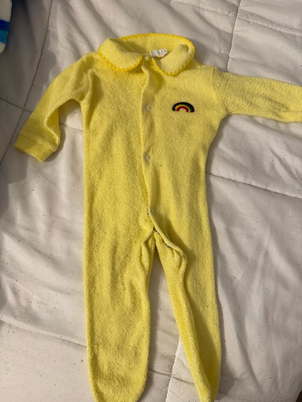 Vintage Yellow Baby One-Piece Footed Romper with Rainbow Patch 0-3 months